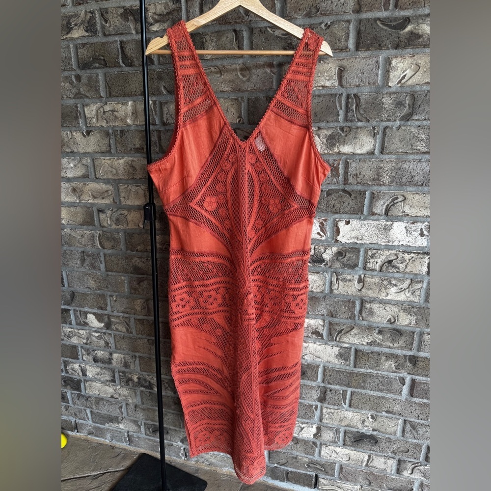 Cleobella Shelby Crochet Midi Dress XL Coral Orange Sheer Boho No Lining - Picture 6 of 16